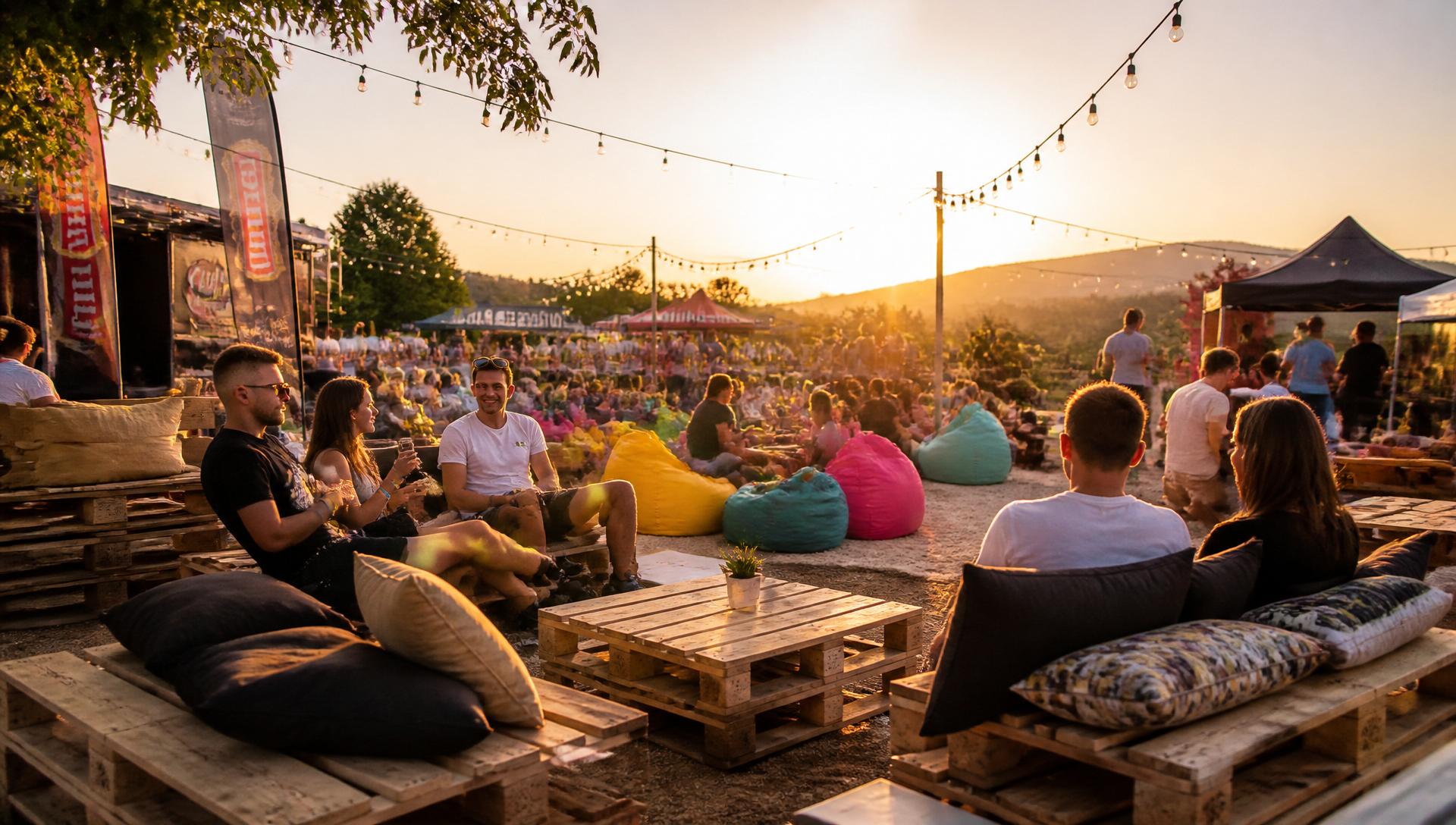 Atmosféra letného eventu s paletovým nábytkom a sedacími vakmi